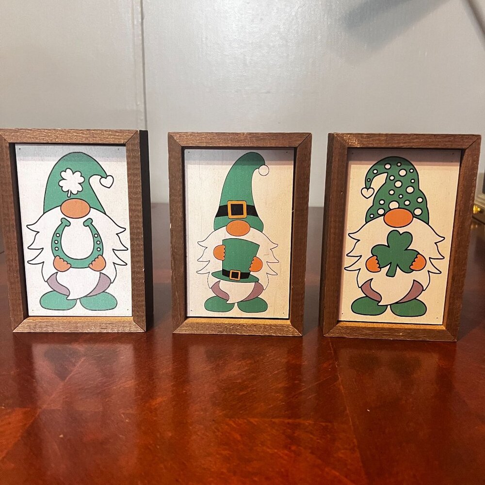 Set Of‎ 3 St. Patricks Day Wooden Gnome Decor Blocks With Shamrock & Horseshoe